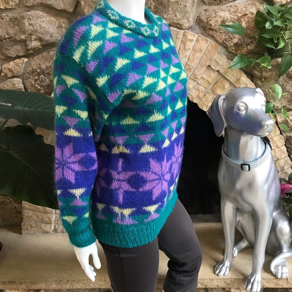 Vintage Gallagher Mohair Geometric Print Snowflake Green Purple Sweater Size S - Picture 2 of 9